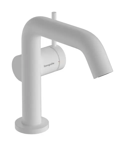 Hansgrohe-Waschtischmischer in mattem Weiß mit einem langen, gebogenen Auslauf und einem seitlichen Hebel zur Temperatur- und Mengeneinstellung.